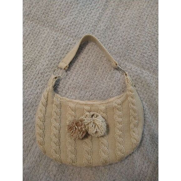 Chateau Knitted Pom Pom Shoulder Beige Bag Boho Hobo Winter - Picture 2 of 11